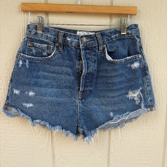 Free People We The Free Lasso Shorts Women's 27 Blue Denim Button Fly Distressed - Picture 2 of 9